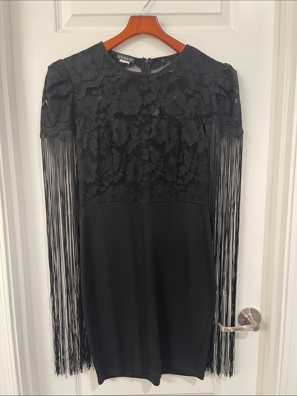 VENUS Black Lace Fringe Short-Sleeve Mini Dress